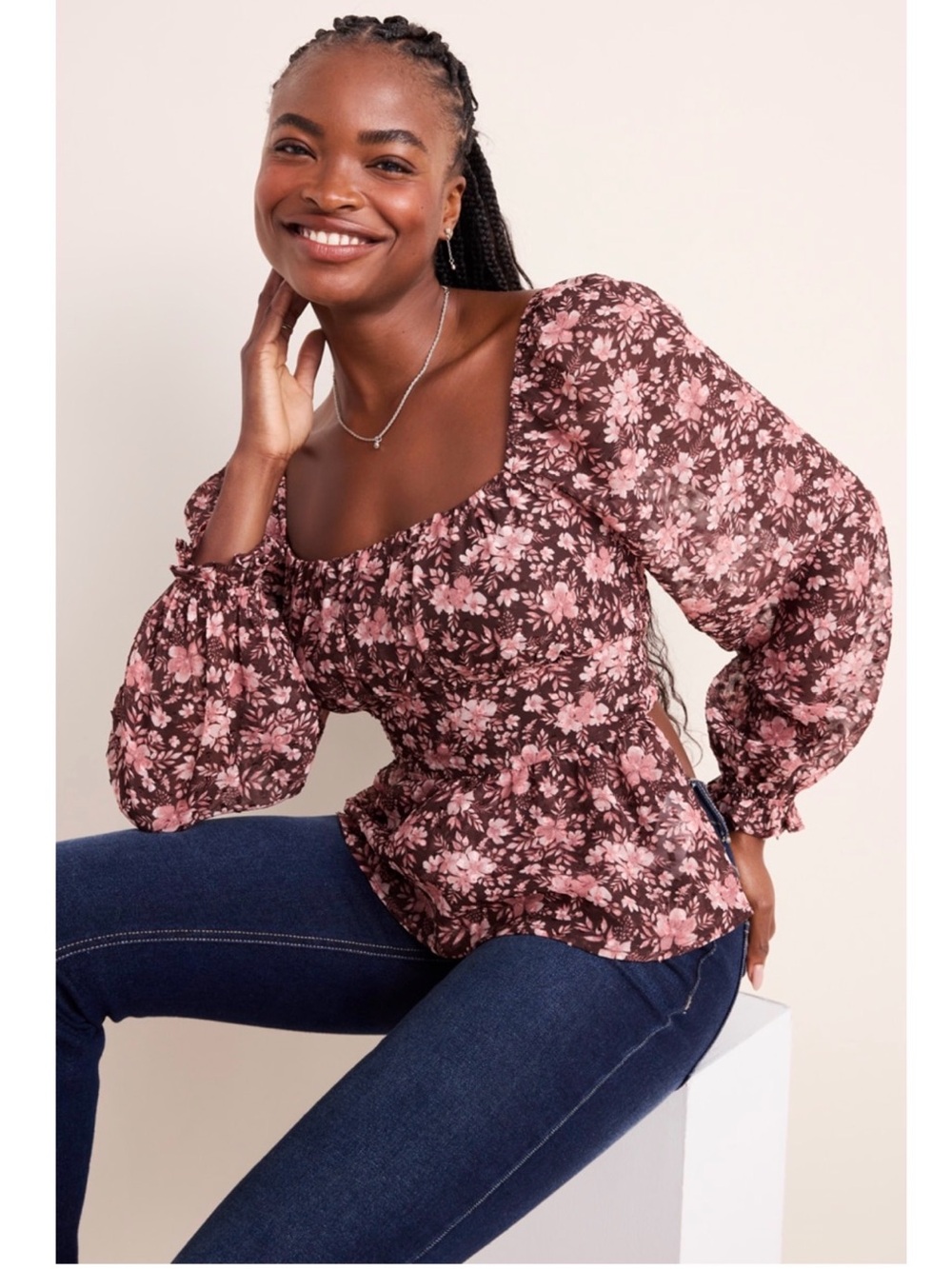 Francesca's Collections Pink and Brown Floral Square-Neck Peplum Blouse